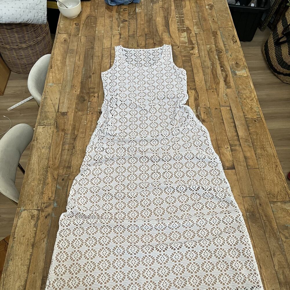 Vtg Dressbarn Lace Eyelet Floral White Sleeveless Pullover Dress Women's Size 10 - Picture 4 of 16